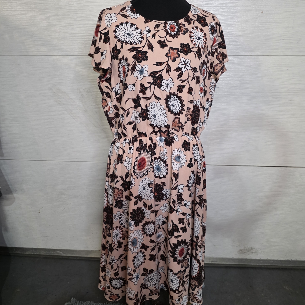 LOFT Floral Midi Dress in Pink and Black